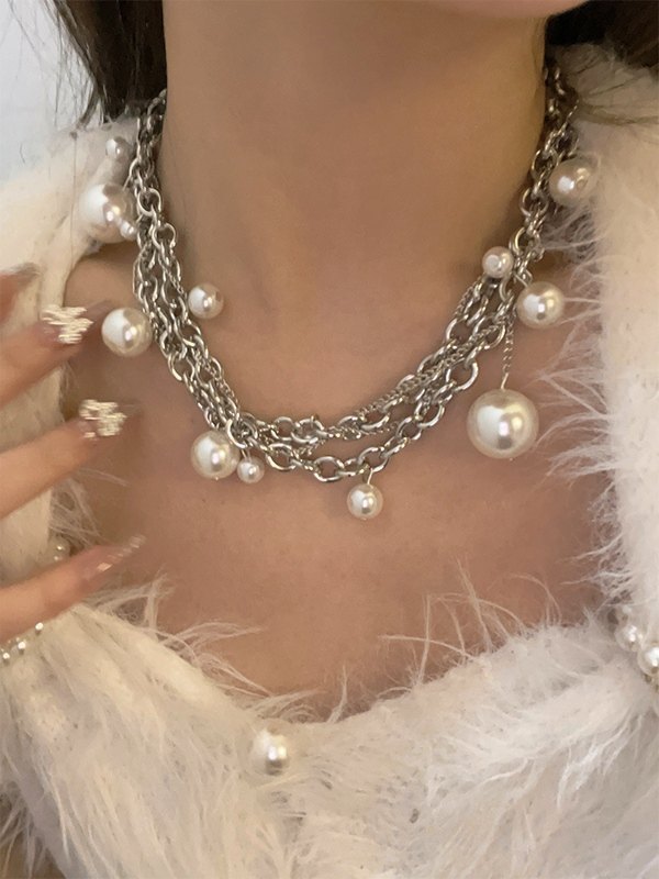 Collar con colgante de perlas de imitación de cadena gruesa-1